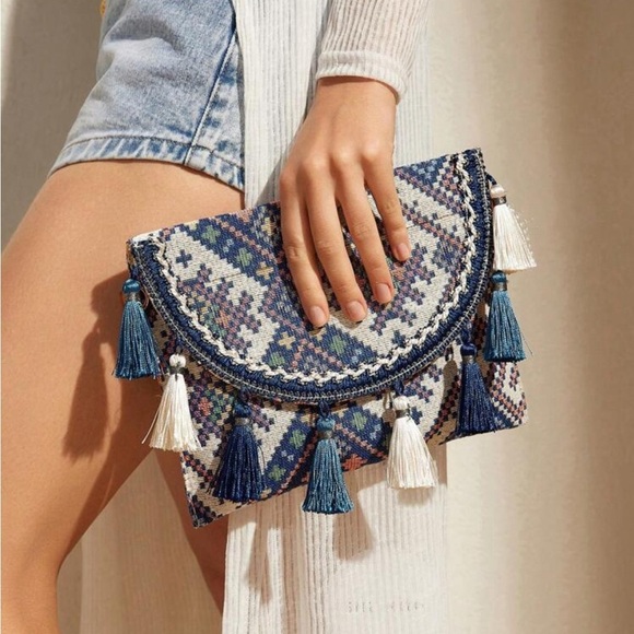 Tassel crossbody geometric square mini bag blue - Picture 1 of 11